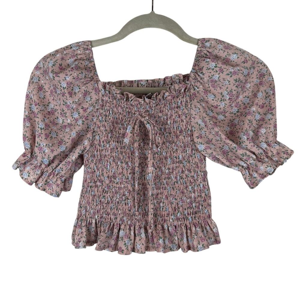 Pink Floral Cropped Smocked Top Puffy Sleeve Tie Bow Size XS/S Cottagecore Boho